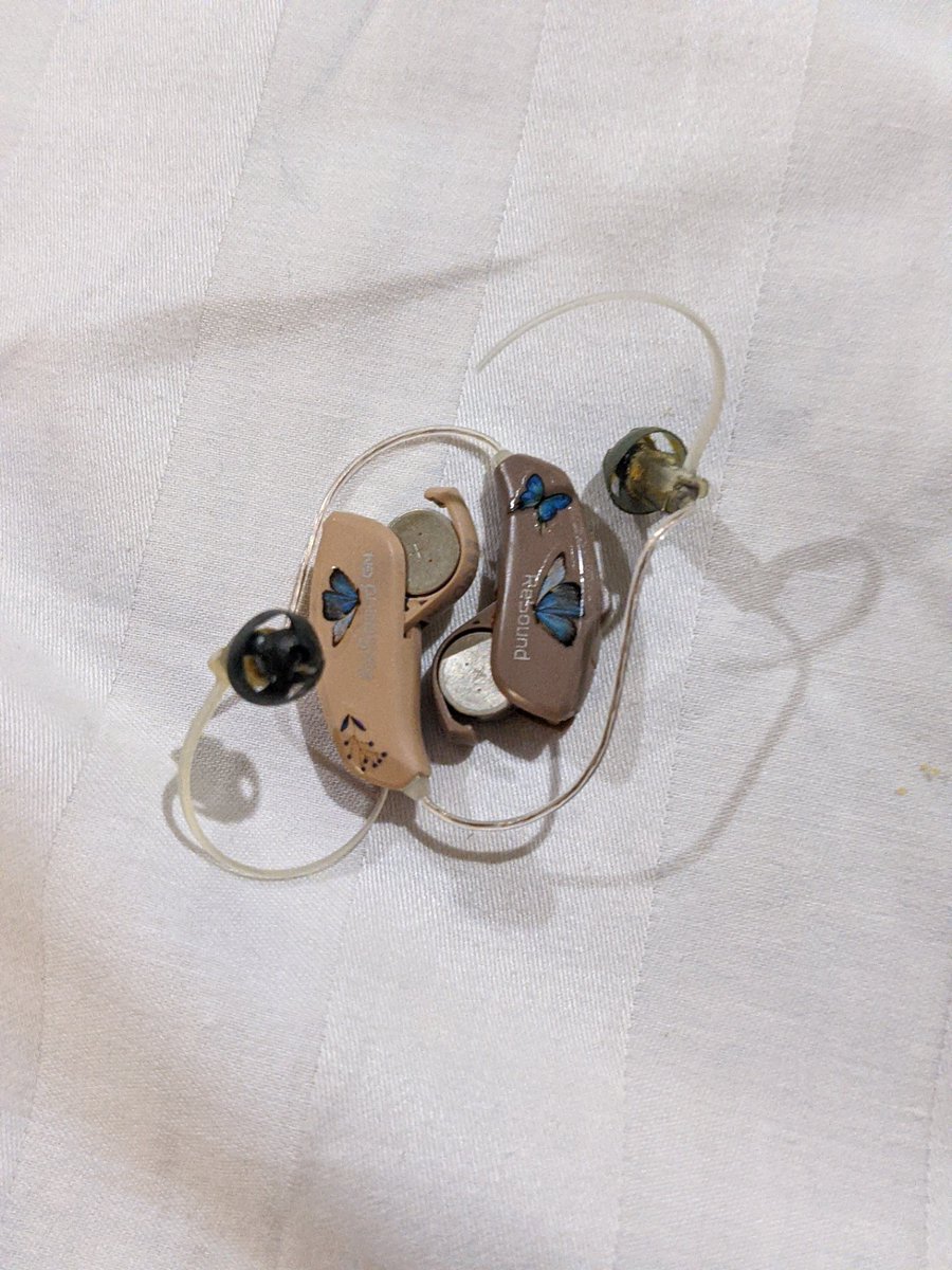 Ailuj_Nostrebor's tweet image. There is a certain bliss I experience at the end of an overstimulation day to be able to take out my hearing aids and listen to the sound drop away. 

Yes! I put butterflies on my hearing aids!

#BrainInjuyLife