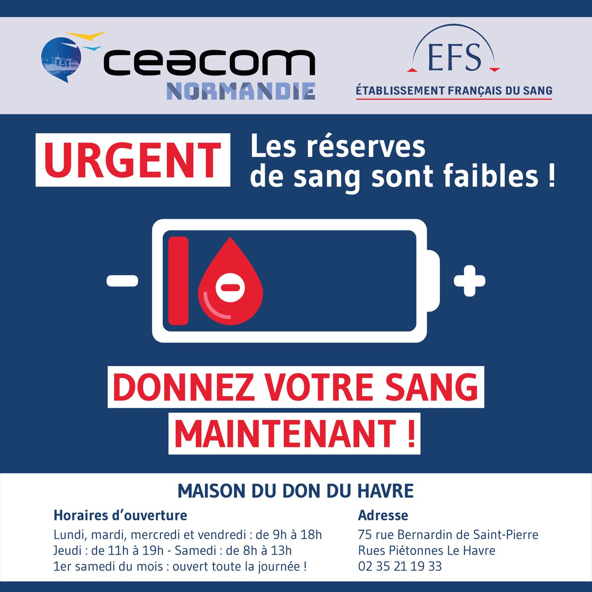 CeacomLeHavre's tweet photo. 📍 URGENT

L'@EFS_dondesang alerte sur le niveau des réserves de sang historiquement bas en France.

Chaque année, à Ceacom nous donnons notre sang. Déplaçons-nous à l��#EFS #LeHavre. 

Prenez RDV maintenant📅 https://t.co/pzIWiaUNx0

#UrgenceDonDeSang #DonneursDeSang #CeacomSante https://t.co/B4pdISUwuw