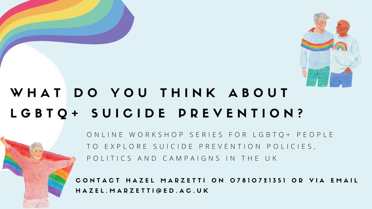 Dates in the diary for our research workshops!!
 
1st / 8th /22nd / 29th August from 4 - 5.45
 
If you are:

🏳️‍🌈LGBTQ+
 🍰 over 18
🌎 live in the UK
💬interested in suicide prevention

We’ll be chatting, crafting and creative writing! All craft packs provided and posted for free!