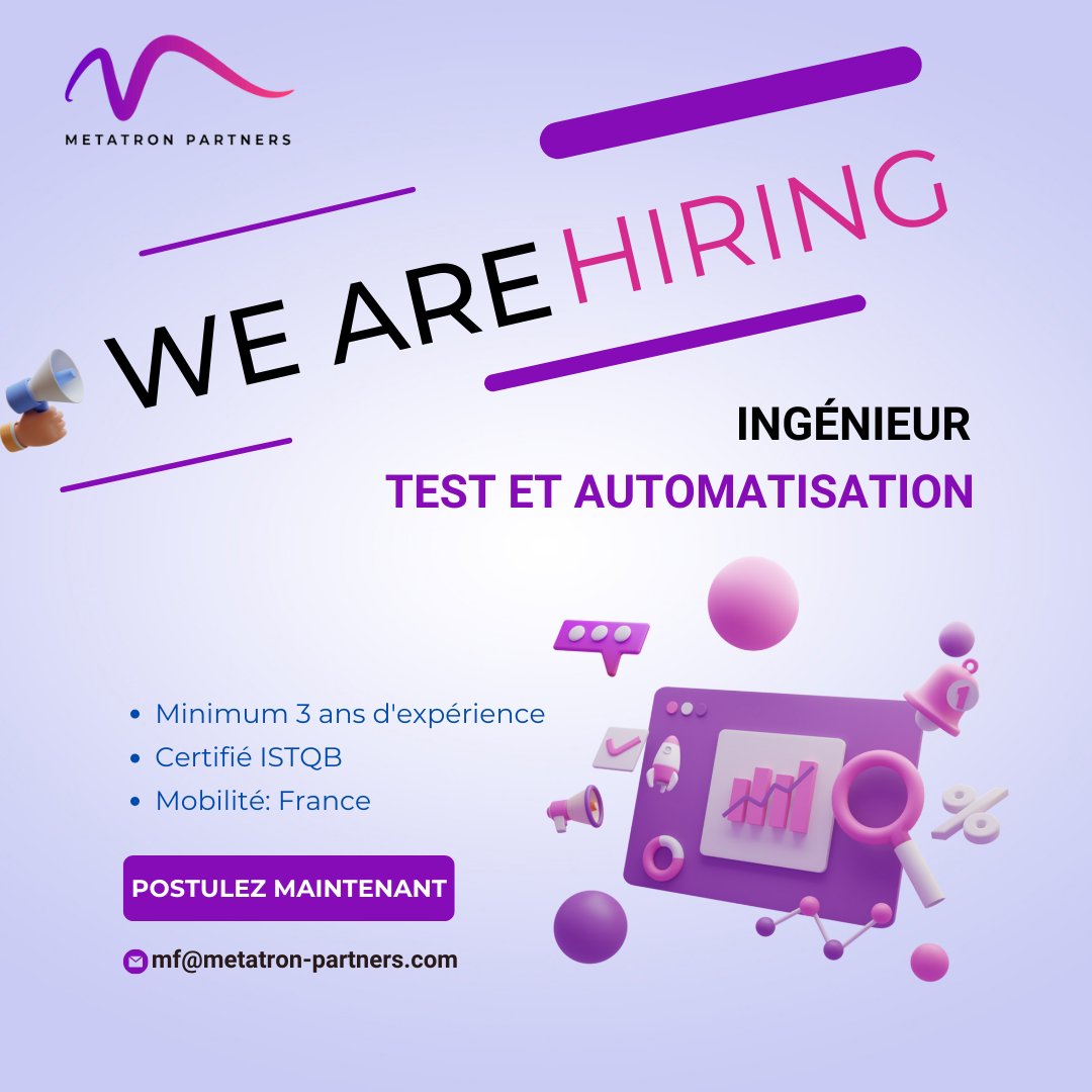 Metatron_Rh's tweet photo. [#offreemploi] Vous êtes à la recherche d'une nouvelle aventure et de nouveaux challenges ? 📢 #Metatron_Partners recrute :  𝗜𝗻𝗴𝗲́𝗻𝗶𝗲𝘂𝗿 𝗧𝗲𝘀𝘁 𝗲𝘁 𝗔𝘂𝘁𝗼𝗺𝗮𝘁𝗶𝘀𝗮𝘁𝗶𝗼𝗻
✈️ Mobilité: #france
💼 Expérience : 𝗠𝗶𝗻𝗶𝗺𝘂𝗺 𝟯𝗮𝗻𝘀
📧 mf@metatron-partners.com https://t.co/xBAHaGUB3r