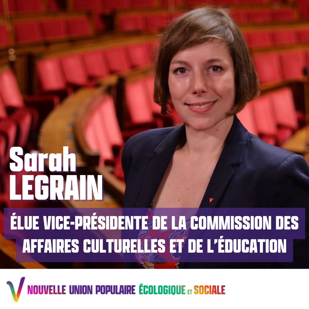 S_Legrain's tweet photo. 🏛Honorée d’être désignée ce matin vice-présidente de la Commission des Affaires Culturelles et de l’Education #AssembleeNationale
#NUPES  
#DirectAN https://t.co/WPVe7cNtZq