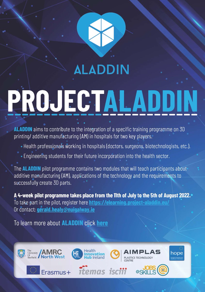 Health Innovation Hub Ireland (@hihireland) on Twitter photo HIHI is coordinating an online pilot course for project <a href="/AErasmusproject/">ALADDIN_erasmusproject</a>, an EU initiative to promote 3D printing in healthcare. This free online 3D printing course is running from the 11th of July - 5th of August.
Sign up here bit.ly/3nsJXff HIHI is coordinating an online pilot course for project <a href="/AErasmusproject/">ALADDIN_erasmusproject</a>, an EU initiative to promote 3D printing in healthcare. This free online 3D printing course is running from the 11th of July - 5th of August.
Sign up here bit.ly/3nsJXff