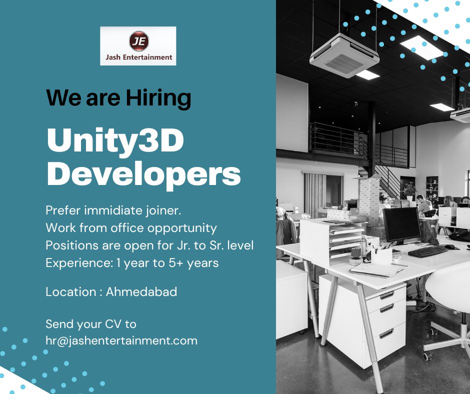 Jash_Ent's tweet image. #Hiring #unity3ddeveloper #india #workfromoffice
We are looking for Unity3D Developers(Game, AR/VR, Multiplayer Programmer)
- Vacancy: 10 Candidates
Those who are interested. WhatsApp us:9558822030 
mail us: hr@jashentertainment.com
#hiring #itjobs #ahmedabaditjobs #unity3d #game