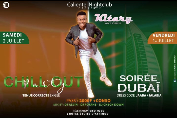 Voici deux dates à ne pas manquer : 1er et 2 juillet, cocher dans votre agenda !
J'ai la joie de vous annoncer qu'un double show inédit 🔥vous attend à Dosso le 1er et 2 juillet pour la Soirée DUBAÏ à Caliente Nightclub.
Dress code 100% nigérien : Jaaba/Jalabia
@calientenightclub
