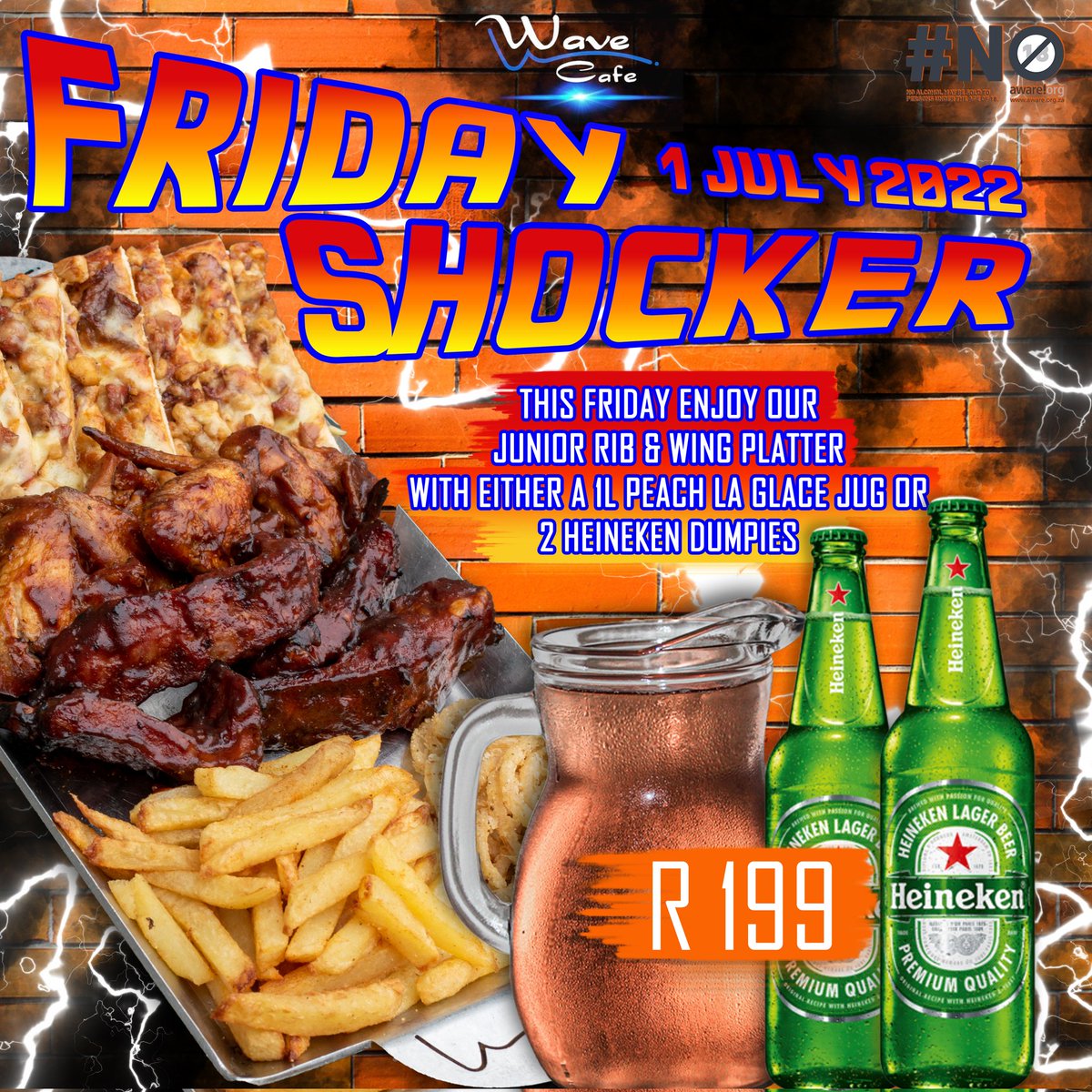 WaveCafeSA's tweet photo. Tomorrow 🤩😱

 Available Friday 1 JULY 2022 ONLY.

Order The Friday Shocker (a Junior Rib and Wing Platter with either a 1L Peach La Glace Jug or 2 Heineken Dumpie Beers) for the amazing low price of R199! 👏

❌SIT DOWN ONLY❌

#wavecafe #Empangeni #friday #kwazulunatal https://t.co/mWVmfhSf8S