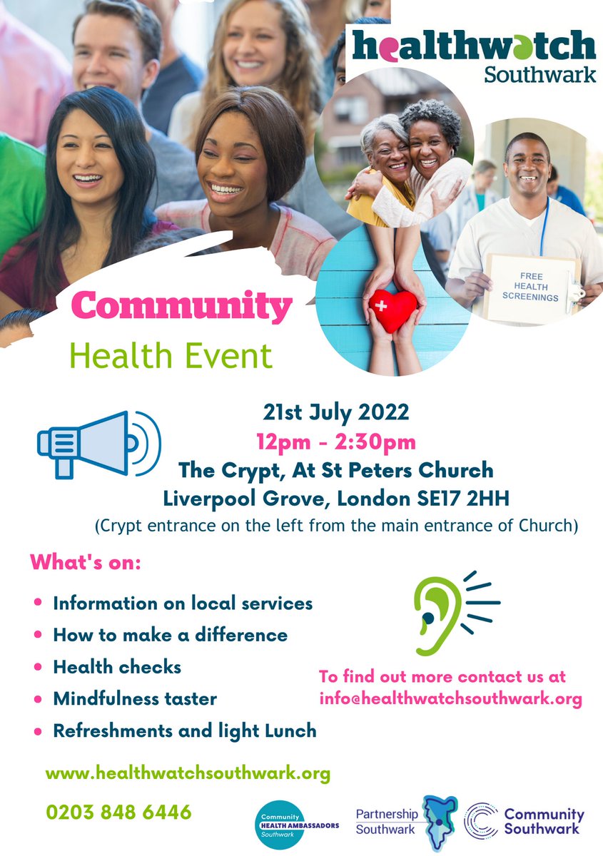 Join us this Summer for in-person Community Event! Follow the link to register your attendance: eventbrite.co.uk/e/community-he… @cosouthwark @GSTTnhs @NHSSouthwarkCCG @lb_southwark @MaudsleyNHS @KingsCollegeNHS