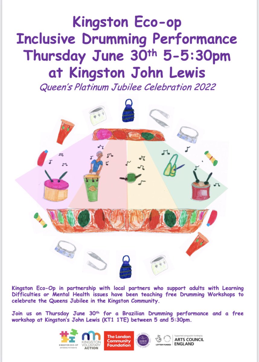KingstonVA's tweet photo. Donโt miss @kingstonecoopโs inclusive #drummingworkshop at John Lewis Kingston at 5pm today. Welcome! https://t.co/Vk5ezQfdSo