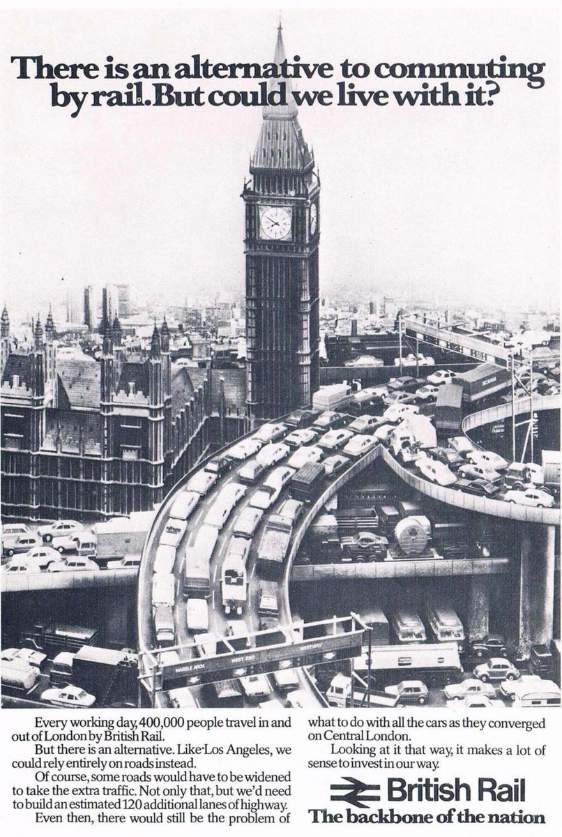 _amroali's tweet image. A 1979 advertisement for London transit showing how the city would look if built by American planners. The tragedy of many Middle Eastern cities is that they opted for American urban planning.