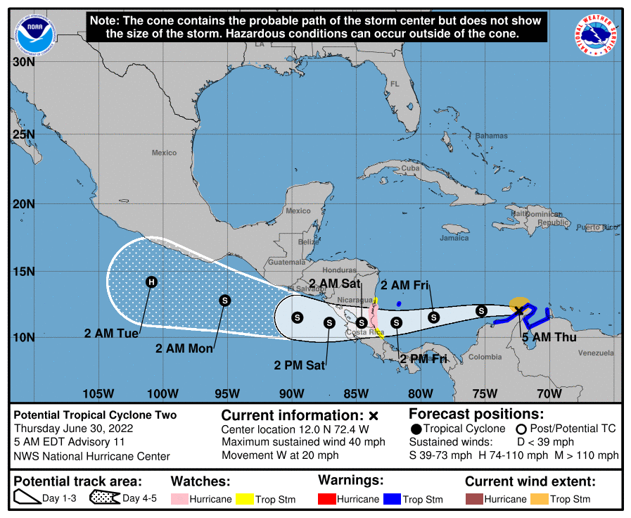 MeteoZulia's tweet photo. #Actualizacion #PCT2 #30Jun2022 05:00 HLV
SE ESPERA QUE SE CONVIERTA EN #TORMENTATROPICAL Y SE FORTALEZCA MIENTRAS SE APROXIMA A #NICARAGUA Y #COSTARICA
Ubicación: 12,0°N 72,4°W
Movimiento: W a 37.04 kmh
Presión mínima: 1009 mb
Vientos Máximos sostenidos: 74.08 kmh https://t.co/gYkDYLKon8