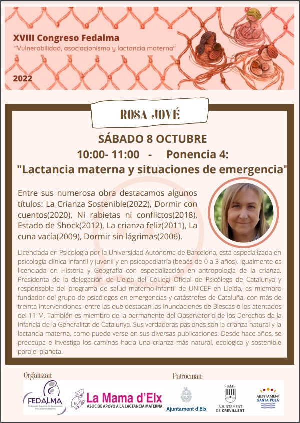 Fedalma_es's tweet photo. El sábado 8 de octubre, tendremos también en Elche, en el XVIII Congreso Fedalma, a Rosa Jové, quien nos hablará sobre "Lactancia Materna y Situaciones de Emergencia". 
¡TE ESPERAMOS!
#FEDALMA
#LactanciaMaterna 
#Congreso 
#CONGRESOFEDALMA

https://t.co/EskrQDXsJv https://t.co/SB9ZfoRgL5