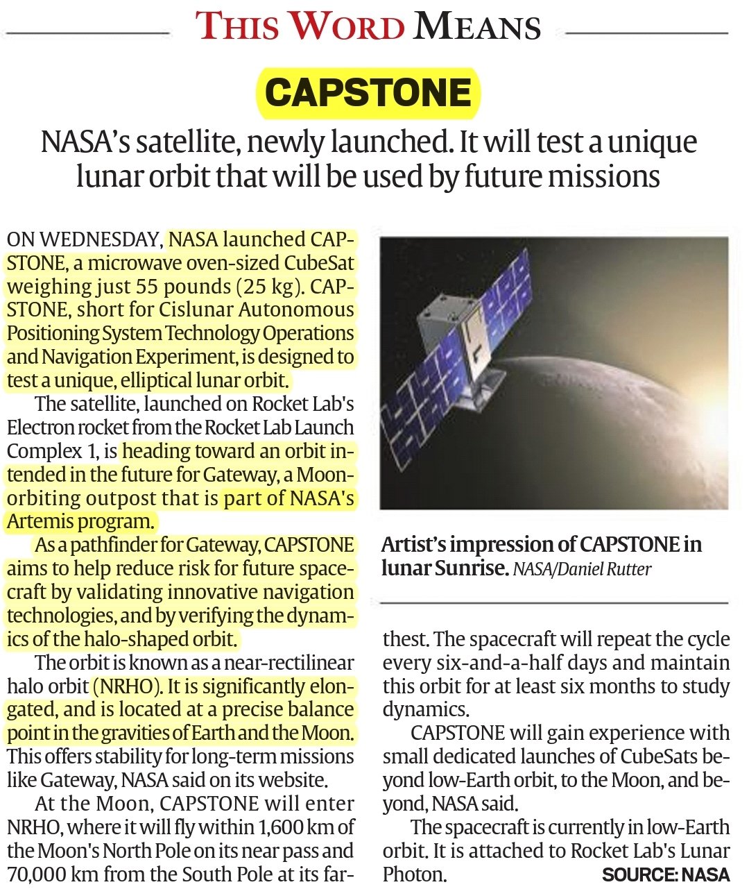 Upsc Civil Services Exam on X: "CAPSTONE:NASA Satelite Source: Indian Express #upscprelims #factsforprelims https://t.co/B6Tjc4pxV9" / X