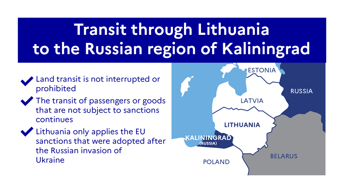 francediplo_EN's tweet photo. Land transit to the Russian territory of #Kaliningrad is neither interrupted nor prohibited. Lithuania only applies the EU sanctions that were adopted after the Russian invasion of #Ukraine.

The facts 👇 https://t.co/dJ2qmyzczI