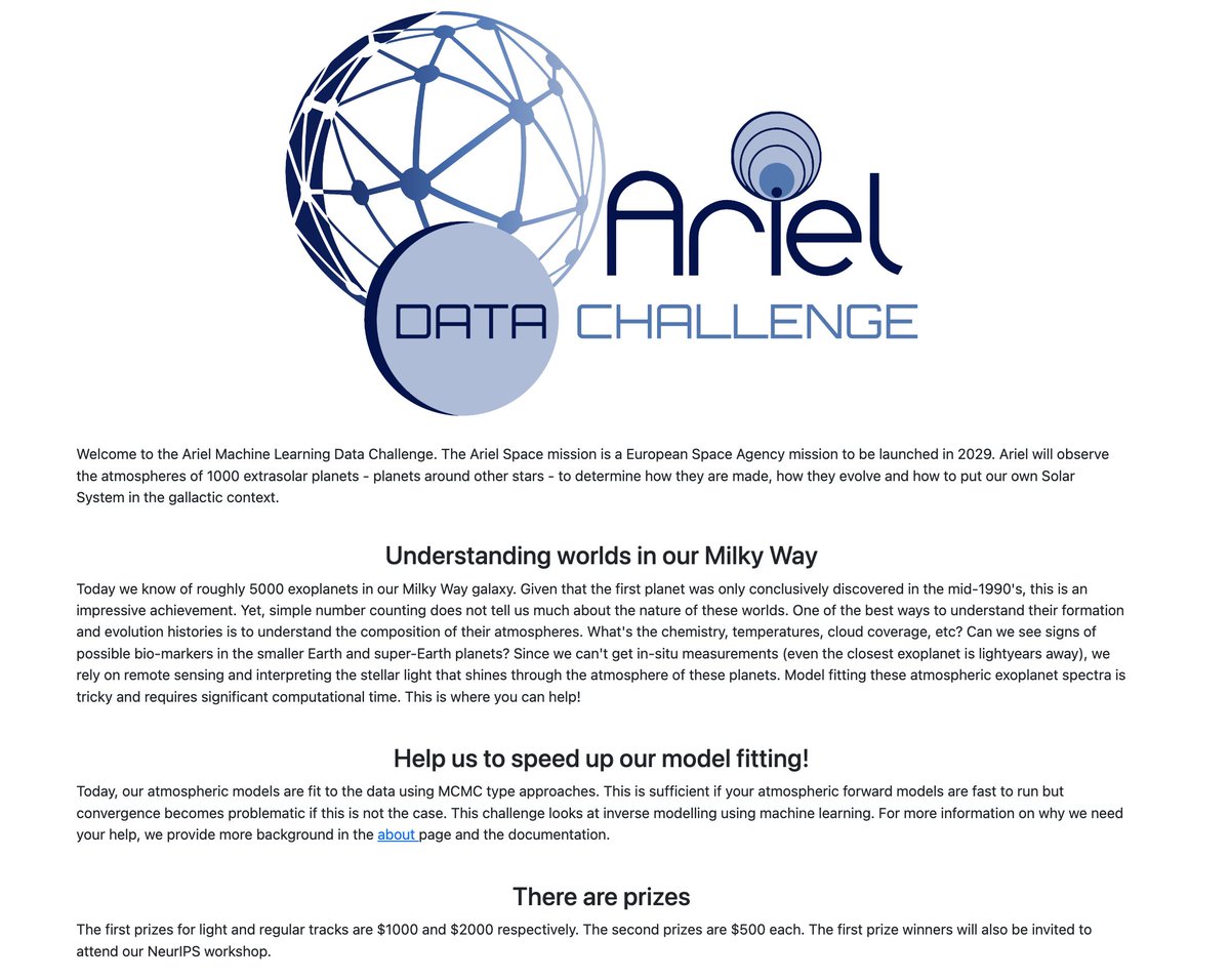 Calling AI &amp; machine learning experts - The ARIEL DATA CHALLENGE 2022 has launched!🚀

Join the hunt for exoplanets!🪐
Sign up here: ariel-datachallenge.space

The competition runs until early October (there are prizes... 👀)

🔗arielmission.space
🔗arielmission.space/wp-content/upl…