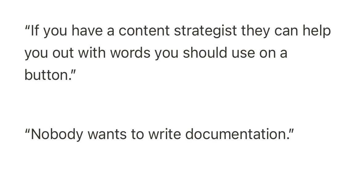 Some #UXLondon quotes about design systems. Content strategists can usefully have a more central role in this stuff. We love writing (structuring, etc) documentation! Not just about words on buttons. Hoping <a href="/Amy_Hupe/">Amy Hupe</a> might have things to say on this.