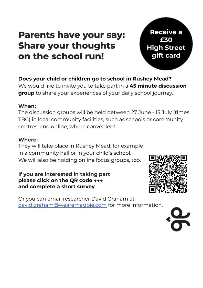 Do you want a say on the school run? If your child attends a school in Rushey Mead you can share your thoughts in these upcoming discussion groups.
<a href="/we_are_magpie/">magpie</a>