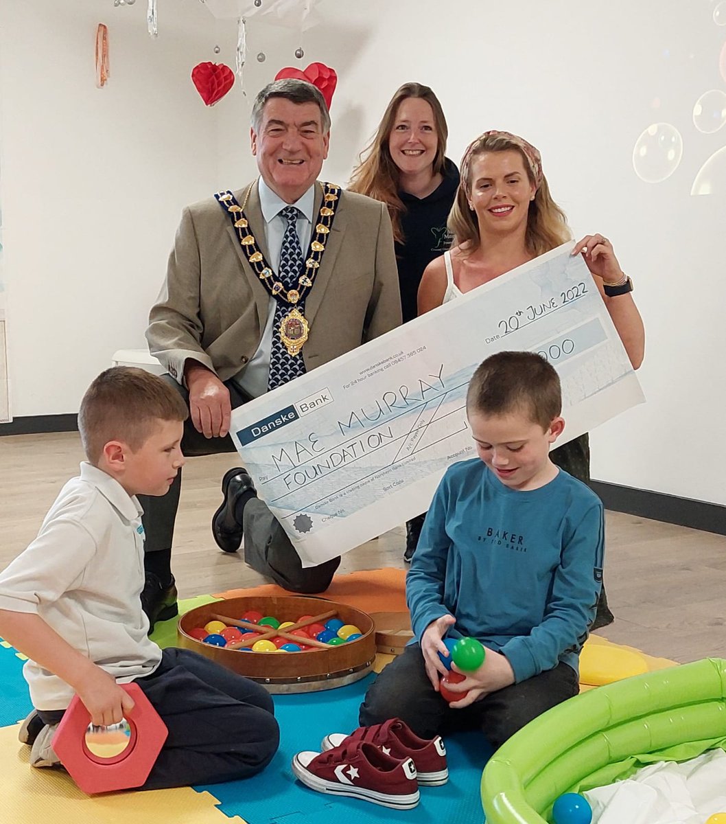 Mayor of Mid and East Antrim, Alderman Noel Williams presenting a cheque for £3,000 to the <a href="/maemurrayfdn/">Mae Murray Foundation</a>
with Justine McMullan and her son Harry at <a href="/themusicyard/">THE MUSIC YARD LARNE</a> in #Larne where the foundation run a number of sessions. 

To find out more visit: maemurrayfoundation.org