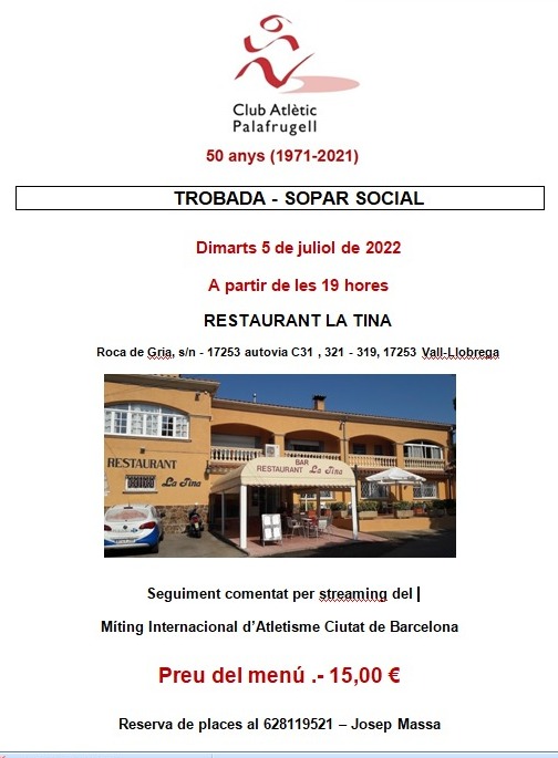TROBADA - SOPAR SOCIAL

Truqueu a en Josep i passem una bona estona tot seguint el Míting internacional de Barcelona. 

Us hi esperem!!