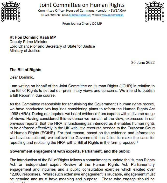 📢We believe the Government has failed to make the case for repealing and replacing the Human Rights Act with a Bill of Rights in the form proposed. We've written to <a href="/DominicRaab/">Dominic Raab</a> with our concerns. 

Read the full letter: committees.parliament.uk/publications/2…