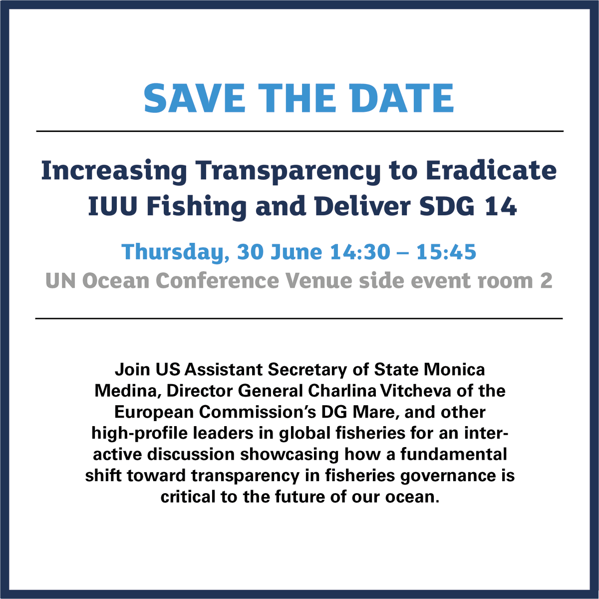 tm_tracking's tweet photo. Today our Senior Analyst Eleanor Partridge will represent the Joint Analytical Cell in a discussion showcasing how a fundamental shift toward transparency in fisheries governance is critical to the future of our ocean at #UNOC2022
#iuuwatch #IUUfishing #IUU #fisheriescontrol https://t.co/N3O4qUaCTu