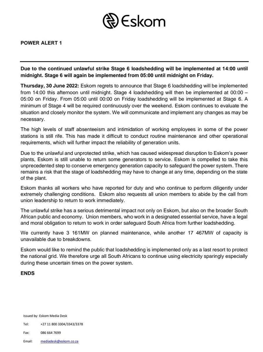 ewnreporter's tweet photo. JUST IN: The Dark Lords at Megawatt Park say Stage 6 loadshedding will be implemented at 14:00 until 
midnight. Stage 6 will again be implemented from 05:00 until midnight on Friday. #Eskom says this is due an ongoing unlawful strike at the power utility. @NkoRaphael https://t.co/wK3KNSkMrQ
