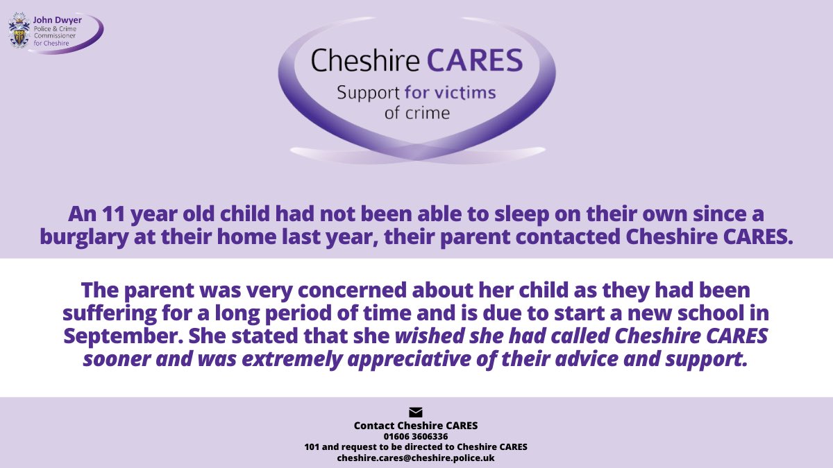 The after effects of crime can be devastating for victims. That’s why I set up Cheshire CARES in my first term as Police and Crime Commissioner to provide support and advice to victims of crime. 

Here is some of the fantastic work they do.

More info👉 cheshire-pcc.gov.uk/victims-hub/ch…