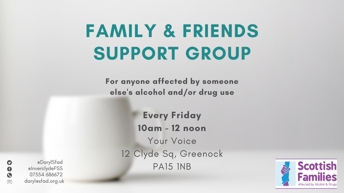 DarylSFAD's tweet photo. Our Inverclyde 'Family &amp; Friends Support Group' is on this Friday, 1st July.

A weekly, drop-in support group for any adult affected by someone else's alcohol or drug use.

- Fridays, 10am - 12pm
- Your Voice on Clyde Square, Greenock

Get in touch - email daryl@sfad.org.uk https://t.co/Qe07L21T5D