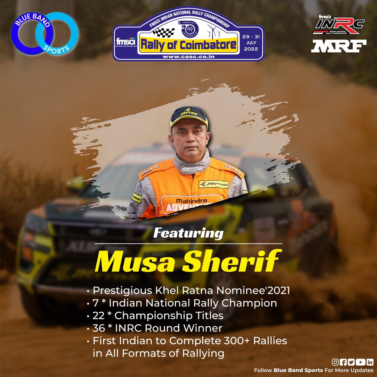 BlueBandSports's tweet photo. Exciting news for rally racing fanatics. Watch out for @Musasherif as he navigates his way to create some electrifying moments in the event.
Get exciting news about the event by following us.
#rallyofcoimbatore #bluebandsports #mrfracing #inrc #inrc2022 #fmsci #musasherif https://t.co/U3IWJBskyv