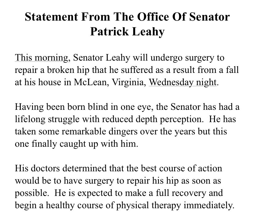 I’m wishing a speedy recovery to Senator Leahy from his surgery. Rest well, Senator! 