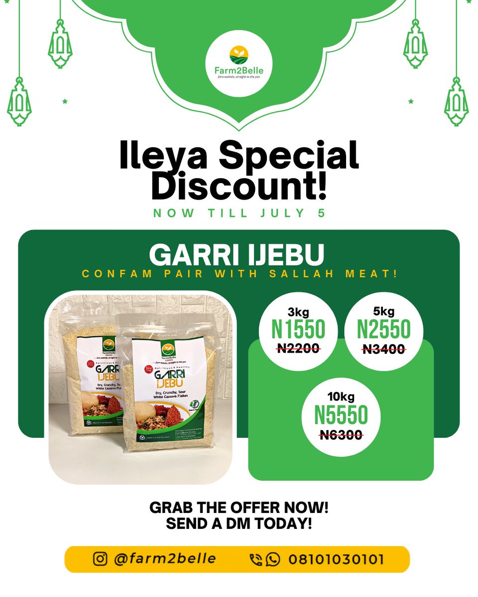 Farm2Belle's tweet photo. Ileya Special Discount!

📌Now till July 5

Send a DM today!

Let's make it the Ileya to Remember....😁

#sales #discount #promo #bundle #breakfast #snack #localsnack #quickfix #tapioca #condensedmilk #kulikuli #garriijebu #ofada https://t.co/7TRskGcjCA