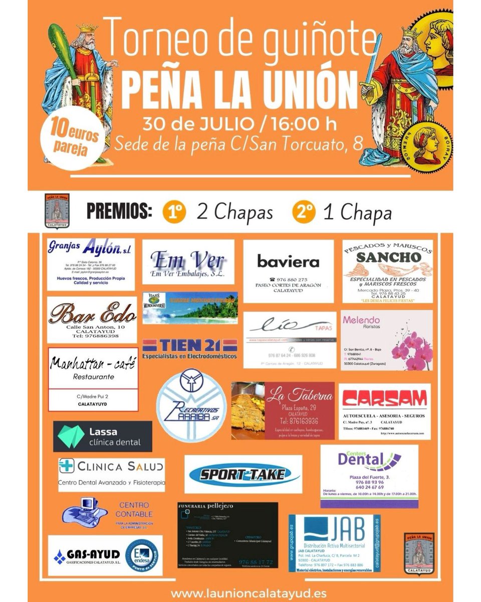 ¡YA ESTÁ AQUÍ EL TORNEO DE GUIÑOTE VERANO 2022 PEÑA LA UNIÓN!

Os esperamos el día 30 de julio en nuestra sede para disfrutar, por fin, después de más de dos años, de una buena tarde guiñotera.

🧡🧡🧡