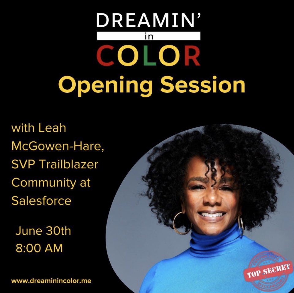 Opening session starts at 8a ft. @thetiffanyspencer and special guest @LeahBMH , SVP of Trailblazer Community, Salesforce! 🎉🎉🎉 #day1 #blackintech #dreamincolorsf #dreamincolor22