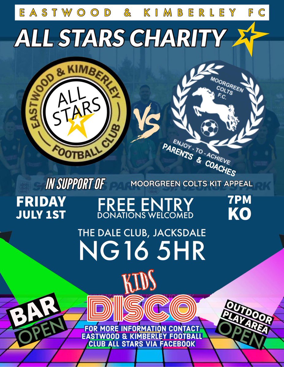 ⭐️⭐️TOMORROW NIGHT⭐️⭐️ 🗓 Friday July 1st 2022 ⚽️The All Stars Vs @MoorgreenFc 🏟 The Dale Club, Jacksdale ⏰ KO - 7.00pm 🍺 Bar Open 🪩 🎶 Disco On 🎡Park Open 🌥 Met Office Donations welcome to help support Moorgreen Colts Youth Teams with New Kits & TS