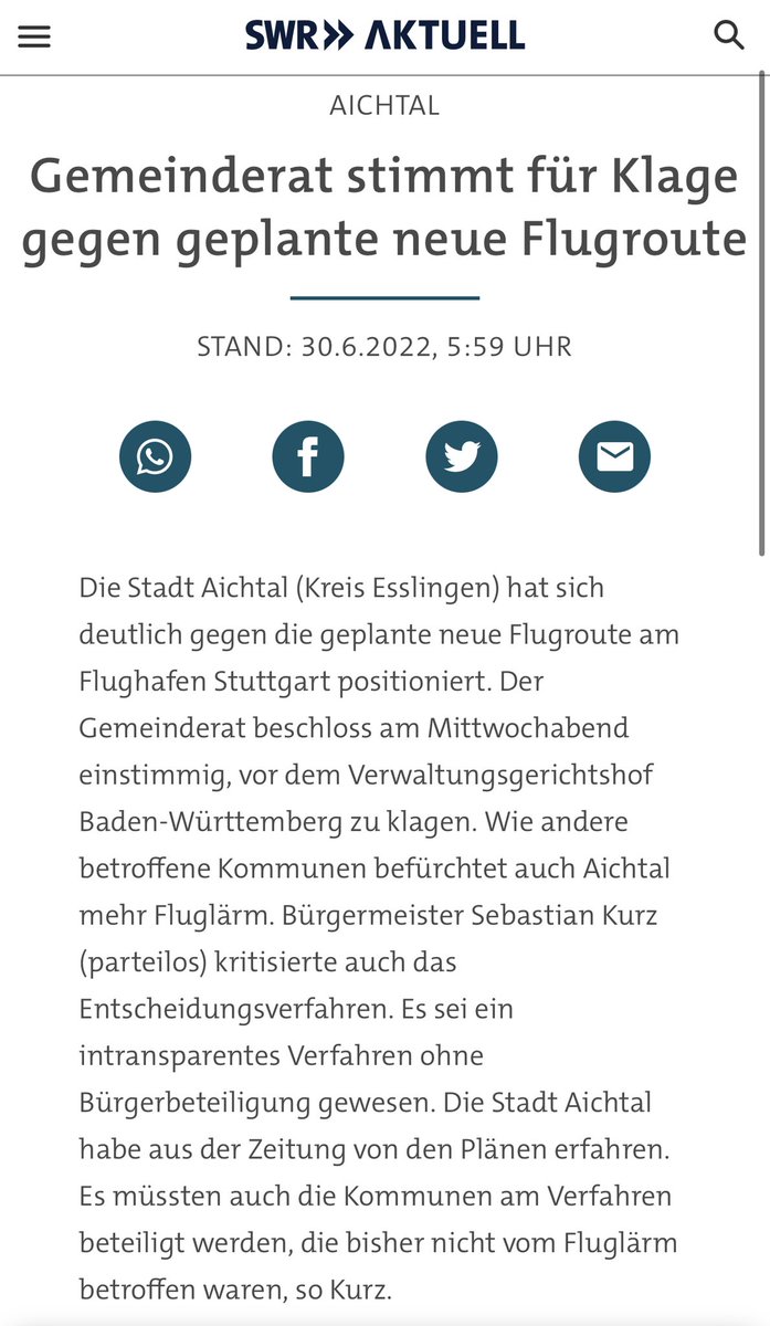 Der #Gemeinderat der Stadt #Aichtal hat sich deutlich gegen die geplante neue #Flugroute am #Flughafen #Stuttgart positioniert. Der Gemeinderat beschloss am Mittwochabend einstimmig, vor dem Verwaltungsgerichtshof Baden-Württemberg zu klagen. <a href="/WinneHermann/">Winfried Hermann</a> <a href="/SWRAktuellBW/">SWR Aktuell BW</a>