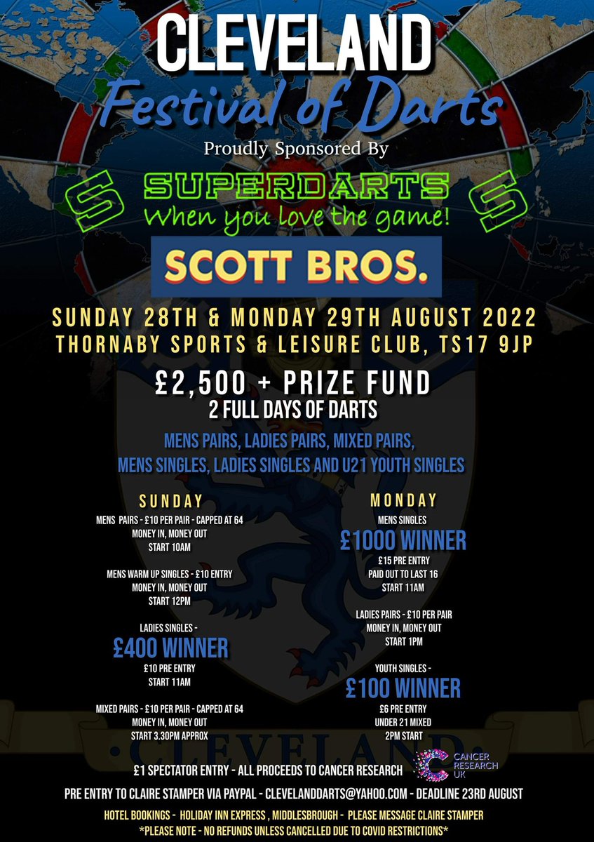 GunPromotions's tweet photo. I am looking for board sponsors the the upcoming Cleveland Festival of Darts.
Board sponsorships start from just £60.

This will get you an A3 advert in the venue next to a board, unlimited social media adverts etc
Please contact:clevelanddarts@yahoo.com for further information https://t.co/7GMHJ4S4e9