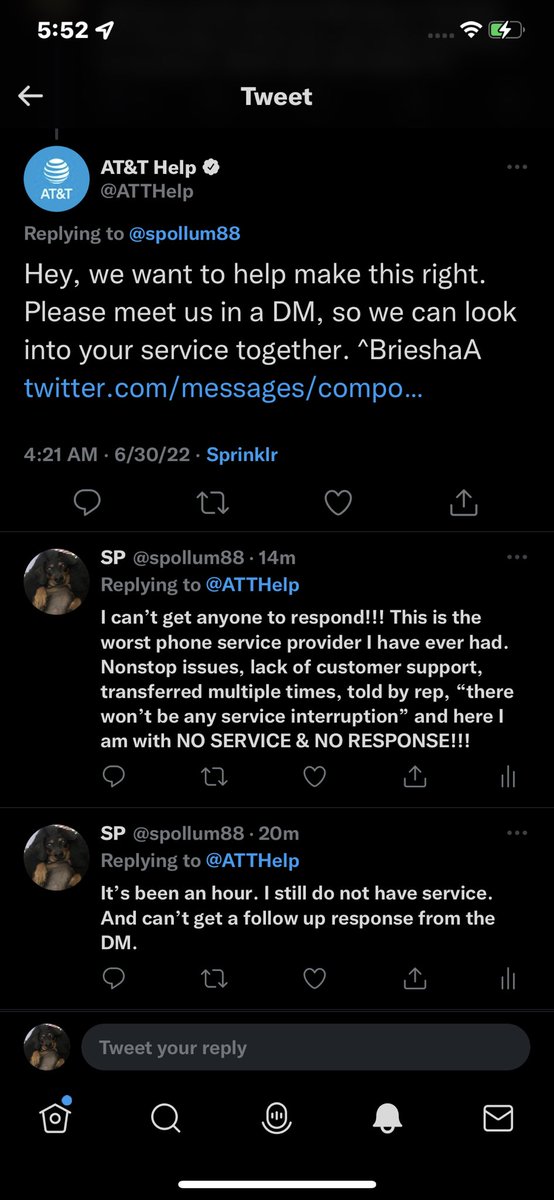 spollum88's tweet photo. @ATT So much for making it right. No one has responded to me in over an hour, no response. I gave all the info in the DM &amp; they were going to talk to an expert &amp; have provided no more info whatsoever. I HAVE NO SERVICE!!! This is unacceptable. https://t.co/u4lcF3LNgY