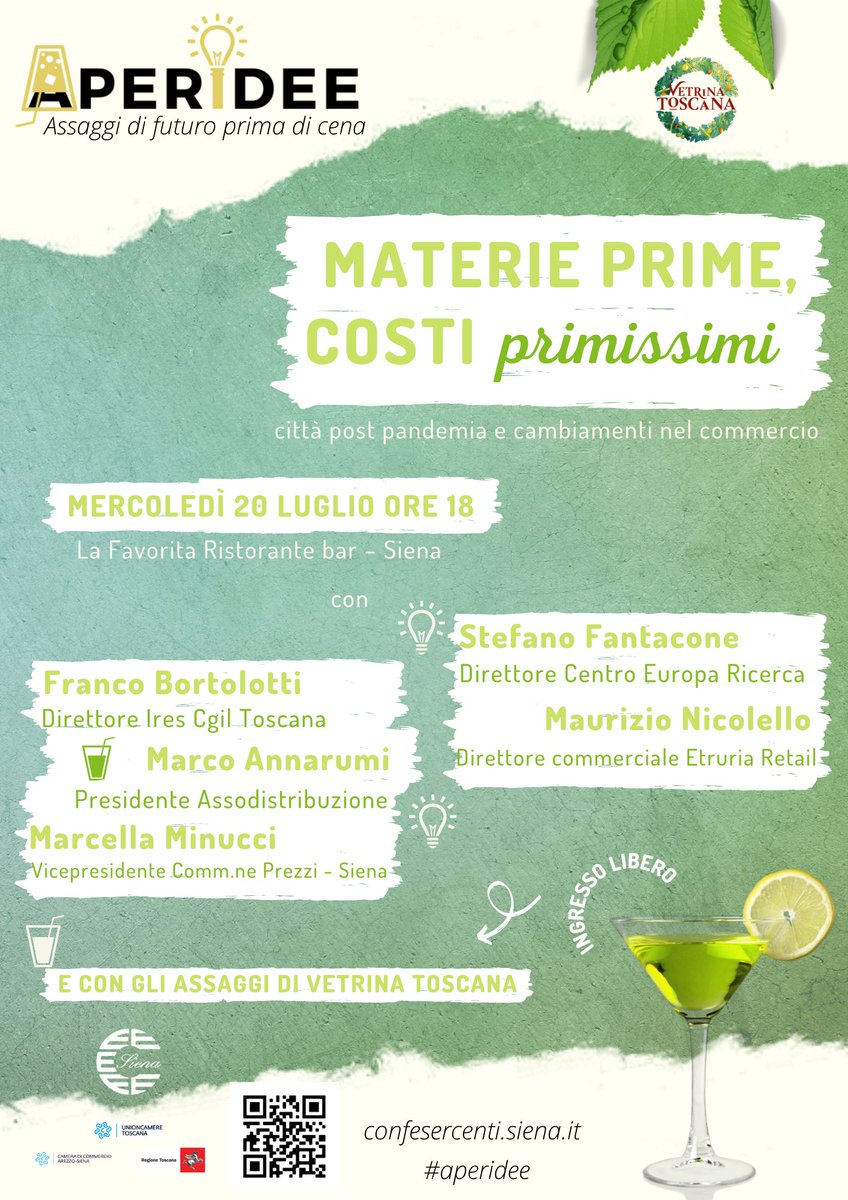 VetrinaToscana's tweet photo. 𝙈𝙖𝙩𝙚𝙧𝙞𝙚 𝙥𝙧𝙞𝙢𝙚, 𝙘𝙤𝙨𝙩𝙞 𝙥𝙧𝙞𝙢𝙞𝙨𝙨𝙞𝙢𝙞 è il tema del 2° appuntamento con #APERIDEE, la serie di incontri rivolti ad esercenti, consumatori e istituzioni.

L'evento è in programma al Bar La Favorita di #Siena mercoledì 20 luglio https://t.co/DfgPa2tJV0 https://t.co/eixjHg4Ik8