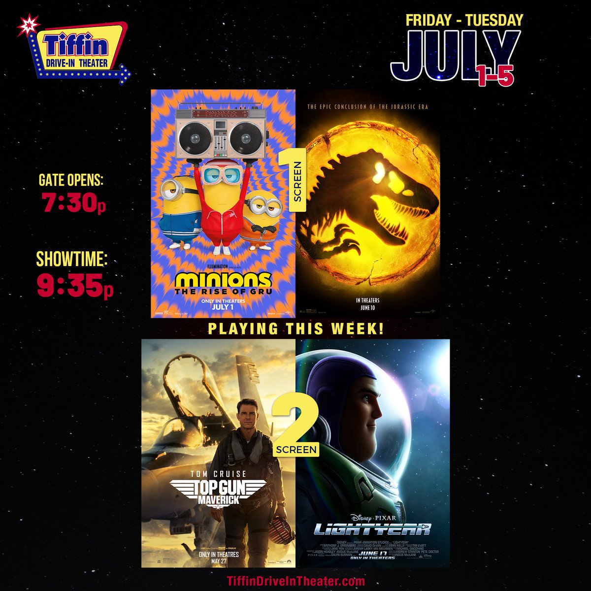 TiffinDriveIn's tweet photo. This week’s movies:
@Minions w/ @JurassicWorld on screen 1; @TopGunMovie w/ @PixarsLightyear on screen 2.
Purchase tickets online:
https://t.co/Nm4sQs6hZG
#TiffinDriveIn #NowShowing #MinionsTheRiseOfGru #JurassicWorldDominion #TopGunMaverick #Lightyear #doublefeatures https://t.co/t8ilTFzYrb
