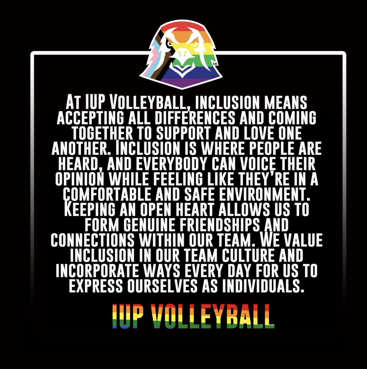 IUPVB's tweet photo. As 🄿🅁🄸🄳🄴 🏳️‍🌈 month comes to end, senior @carolinewalsh01 shares her testimonial on what #pride and inclusion mean to her and our team states the importance of inclusion within our program.

#TalonsUp #volleyhawks #inclusion #pride🌈 https://t.co/H3Q7uV4sE5