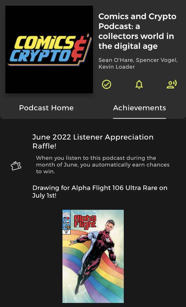 If you have
☑️ Downloaded 2Cents &amp;
☑️ Listened to <a href="/ComicsandCrypto/">Comics & Crypto l $COLLECT</a> in June…

You’re in the running for our #grandprize Alpha Flight 106 Ultra Rare💥 

The more you listen, the more you EARN. Winner will be pulled tomorrow 7/1 🙌🏻