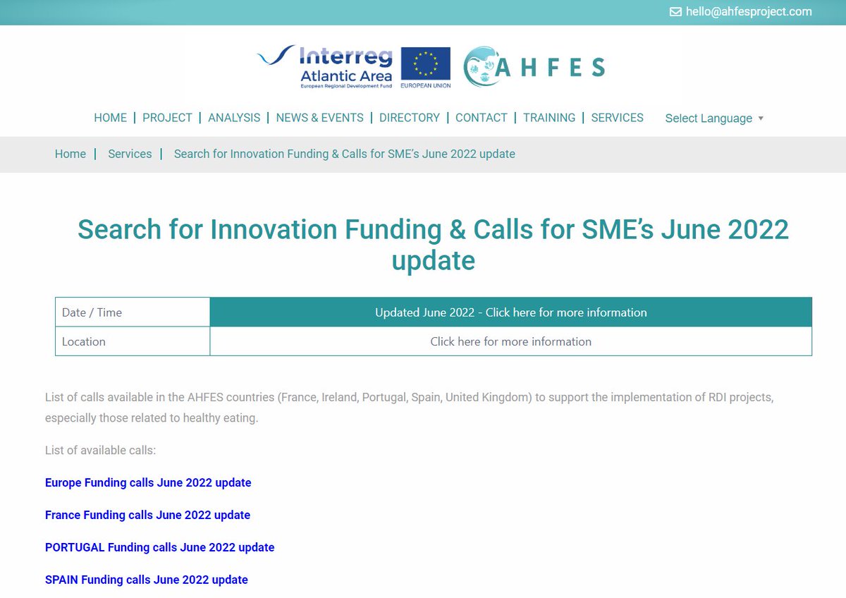 AhfesProject's tweet photo. Check out an update list of calls available in the AHFES countries (France, Ireland, Portugal, Spain, United Kingdom) to support SME’S, especially those related to healthy eating. 

https://t.co/da5dbNg3OS

#AHFES #AtlanticArea #Interreg #MadeWithInterreg #WeareAtlantic https://t.co/eJaBiLzupo
