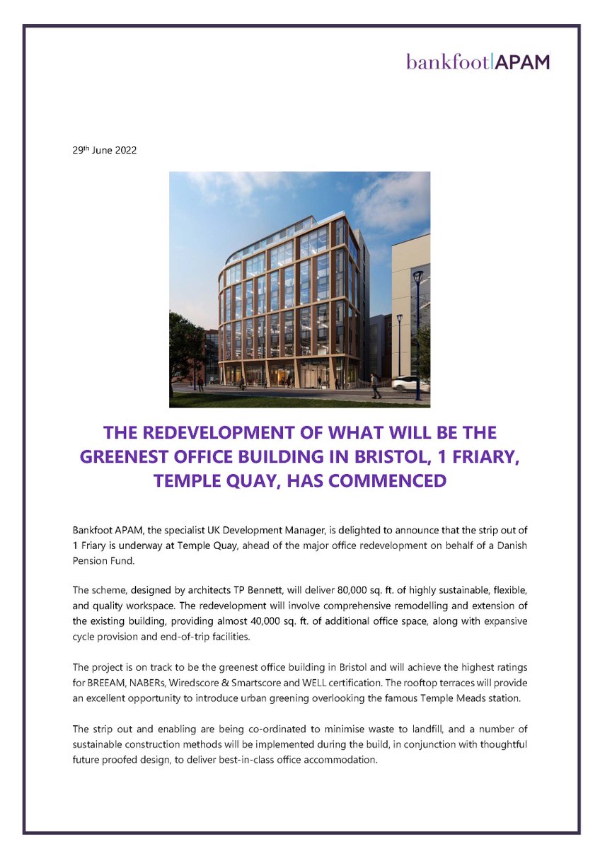 BankfootAPAM's tweet photo. We are delighted to announce that the strip out of 1 Friary is underway at Temple Quay, ahead of the major office redevelopment on behalf of a Danish Pension Fund. 

Find out more below and click here to see our new website: - https://t.co/pbq7Yss5AS https://t.co/Adp8buISzN