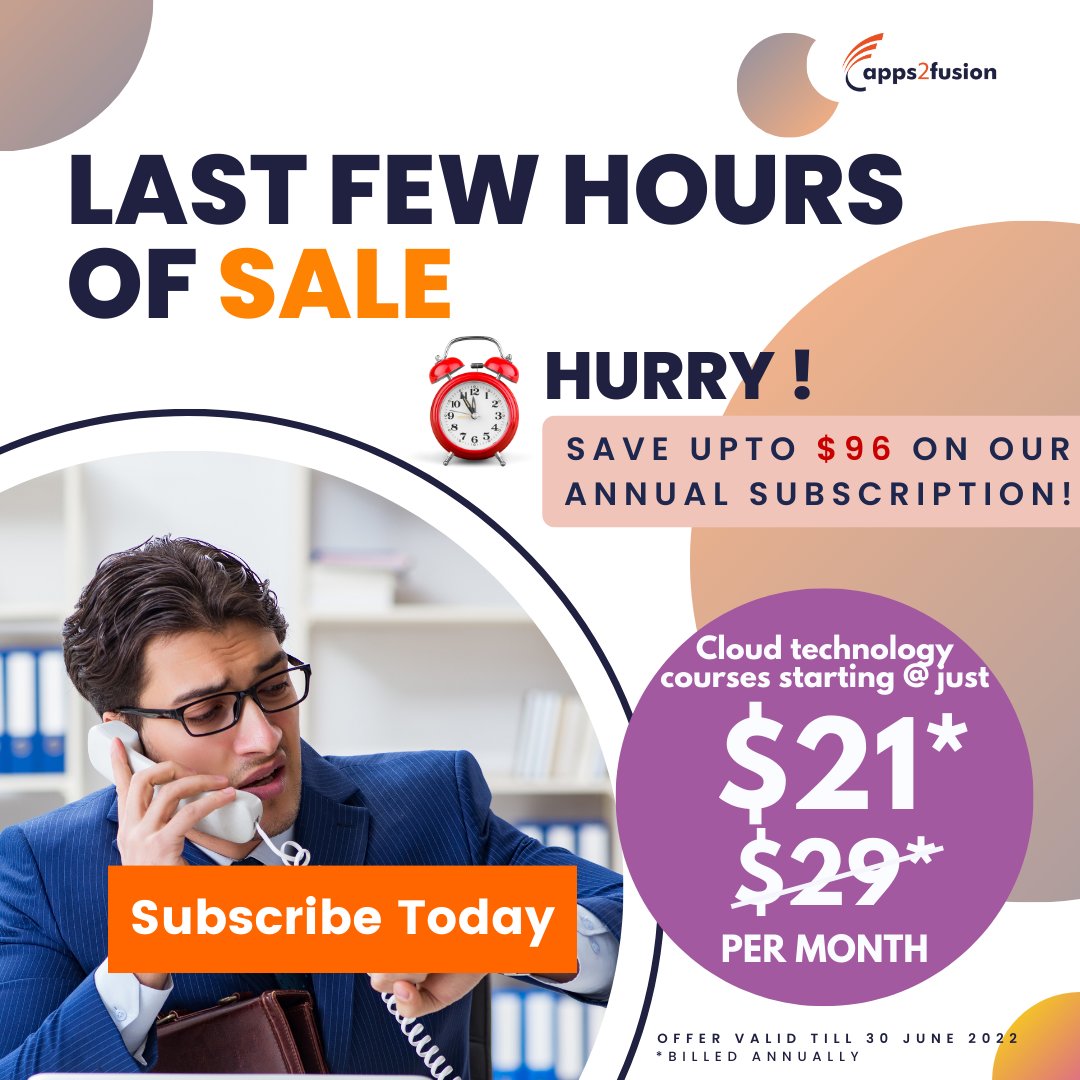 Apps2fusion's tweet image. ATTENTION cloud aspirants!
Our special discount offer is coming to an end.
Get in touch with our training experts
| training@apps2fusion.com | +91 7506 704 286 | +44 207-193-5456 | +1 650-318-5241
#coursediscount #pricedrop #discount #bestoffer #trainingdiscount #apps2fusion #a2f