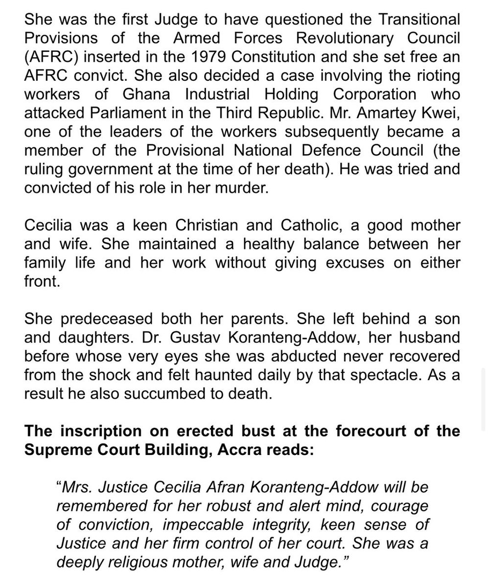 LIFE HISTORY OF THE LATE MRS. JUSTICE CECILIA AFRAN KORANTENG-ADDOW

“she will be remembered for her robust and alert mind, courage of conviction, impeccable integrity, keen sense of Justice and her firm control of her court. She was a deeply religious mother, wife and Judge.”