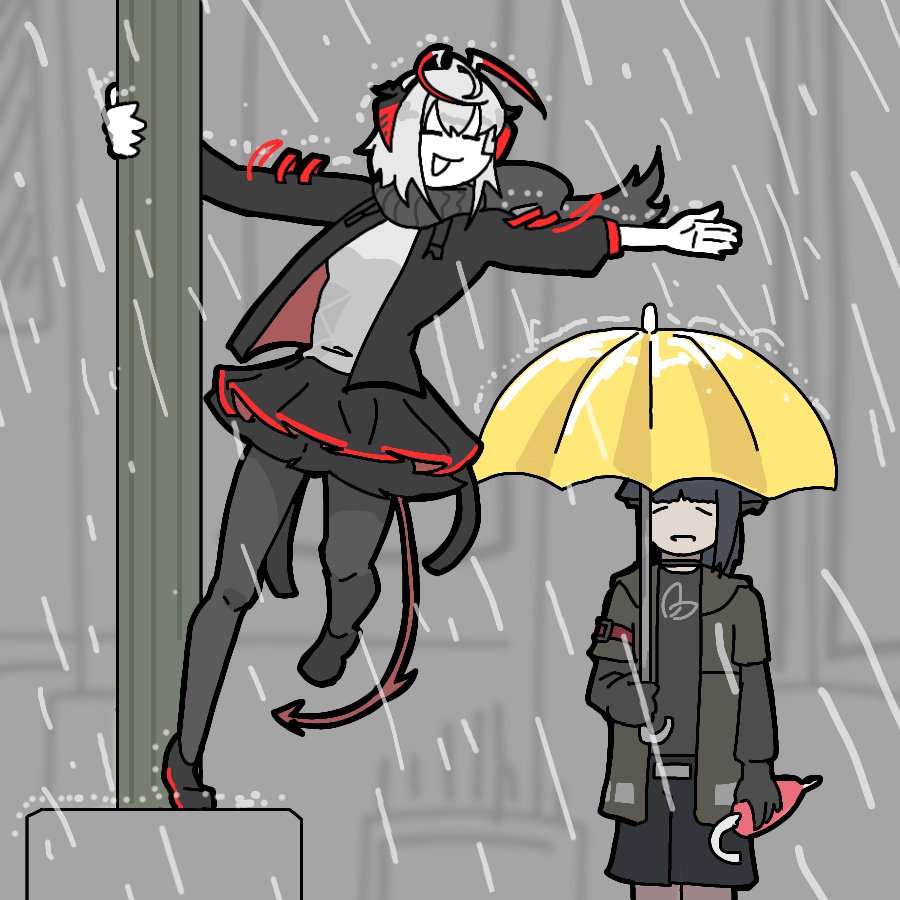 w (arknights) multiple girls 2girls rain umbrella jacket horns skirt  illustration images