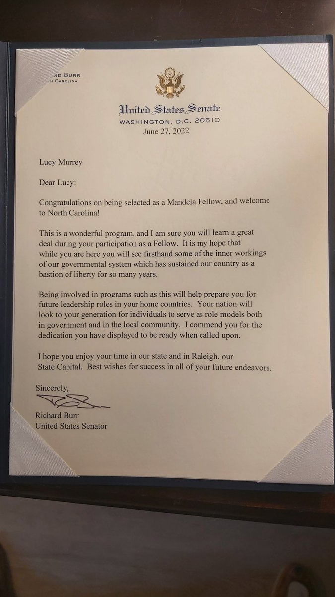 😊😊😊
This week on Monday 27th, I was honoured to receive this letter from the US Senator, Richard Burr. I am grateful for the opportunity, and dedicate it to the girls and young women that I work with and serve #Grateful #YALI2022 #MandelaFellow #EldoretKenya #UasinGishuCounty