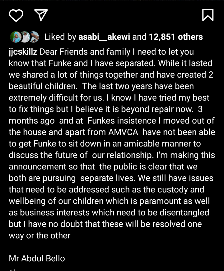 MorolakeAjoke's tweet photo. #funke is trending! Why??

@JJCSKILLZ has finally announced their separation. He said he left the house 3 months ago on @funkeakindele insistence 👇👇Read more in the picture

#funkeakindele #funke https://t.co/Ywm1KqXMTr