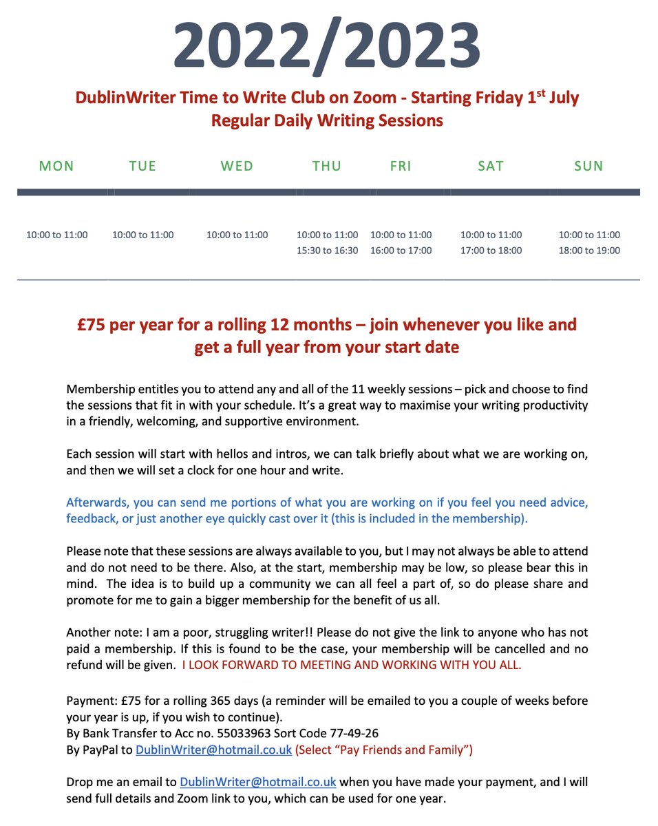 DublinWriter's tweet photo. #TimetoWriteClub starts tomorrow (1st July) with two sessions - 10am&4pm. We have a small group already and would love to welcome more. A place to support each other & find the time and head space to write & get your writing projects done. Full details below ☺️#WritingCommunity https://t.co/cWjLkRduW9