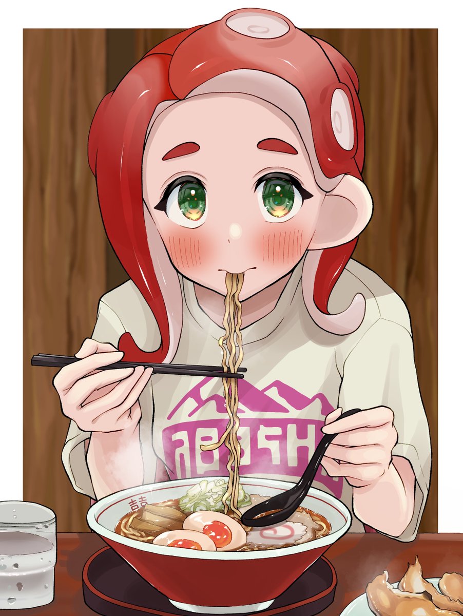 octoling 1girl food tentacle hair solo noodles green eyes eating  illustration images