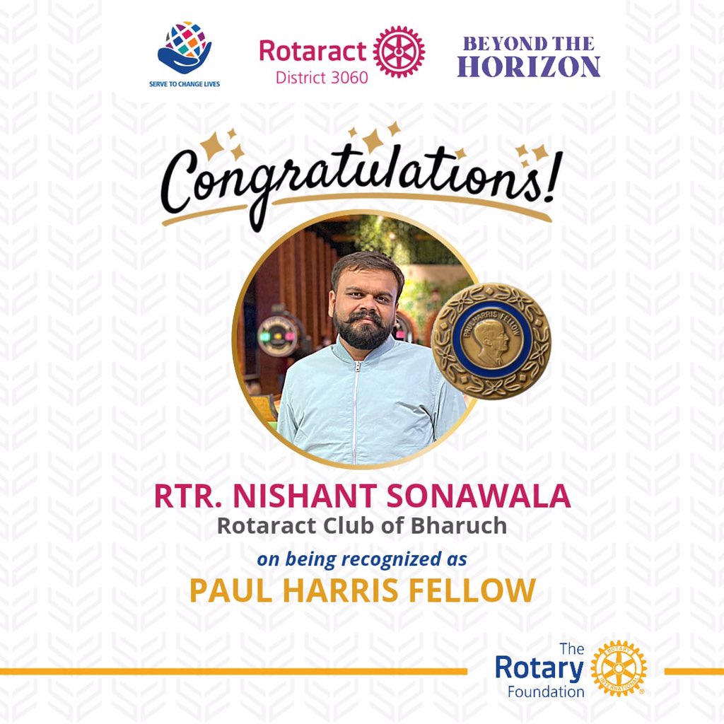 We, 𝐑𝐨𝐭𝐚𝐫𝐚𝐜𝐭𝟑𝟎𝟔𝟎 feel immense pleasure to share the contribution of 𝐑𝐭𝐫. 𝐍𝐢𝐬𝐡𝐚𝐧𝐭 𝐒𝐨𝐧𝐚𝐰𝐚𝐥𝐚, 𝐑𝐨𝐭𝐚𝐫𝐚𝐜𝐭 𝐂𝐥𝐮𝐛 𝐨𝐟 𝐁𝐡𝐚𝐫𝐮𝐜𝐡 towards The Rotary Foundation
Let’s congratulate him on being recognised as 𝐏𝐚𝐮𝐥 𝐇𝐚𝐫𝐫𝐢𝐬 𝐅𝐞𝐥𝐥𝐨𝐰