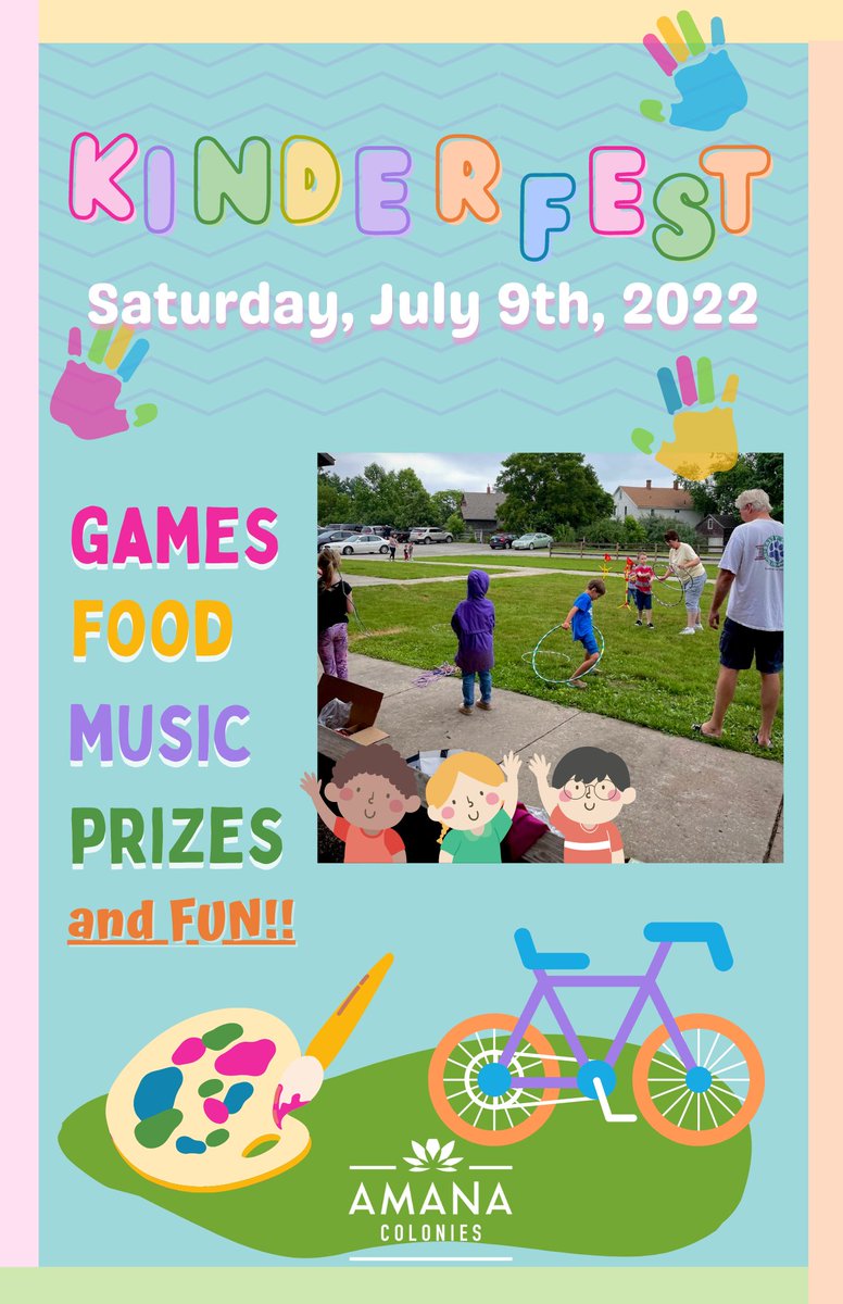 Its time to celebrate summer with Kinderfest!  Saturday July 9th join us in the Amana Colonies for a day just for the kids.  Check out the brochure here: amanacolonies.com/things-to-do/e…